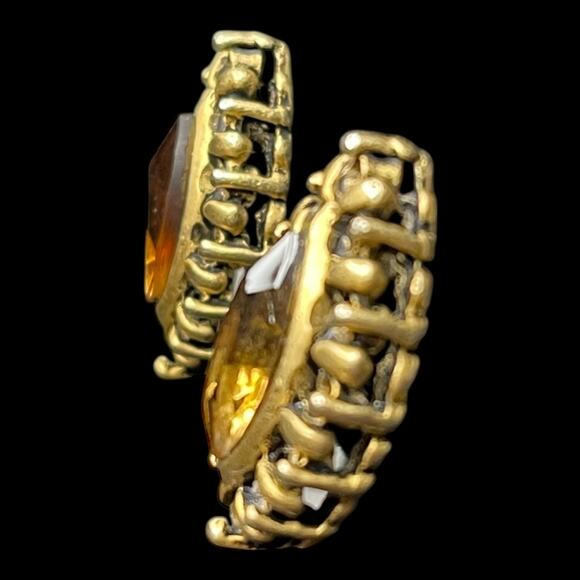 Vintage Amber Glass Marquise Stone Brass Tone Post Earrings - Picture 7 of 16